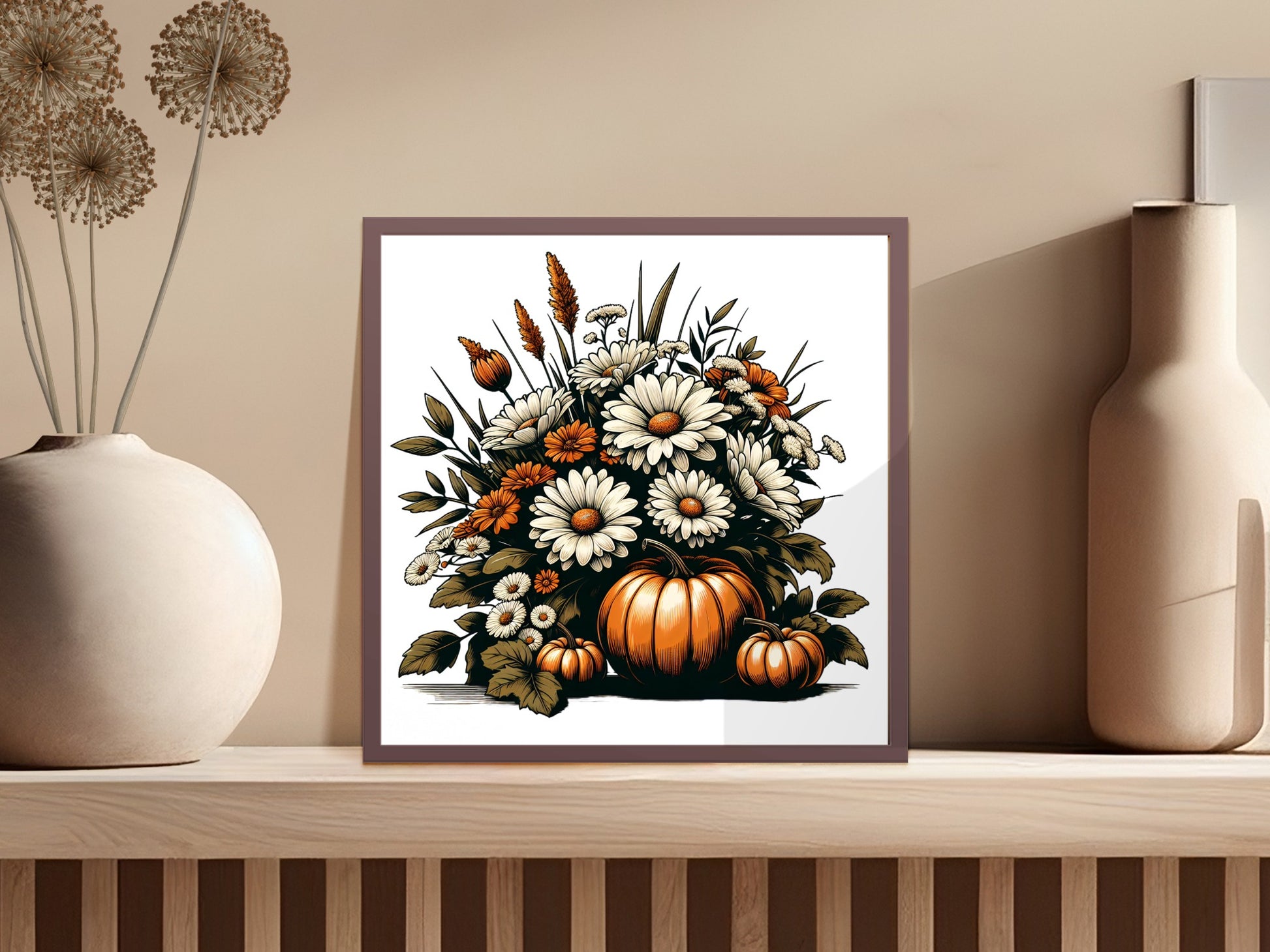 Framed artwork of pumpkins and flowers on a shelf with decorative vases.
