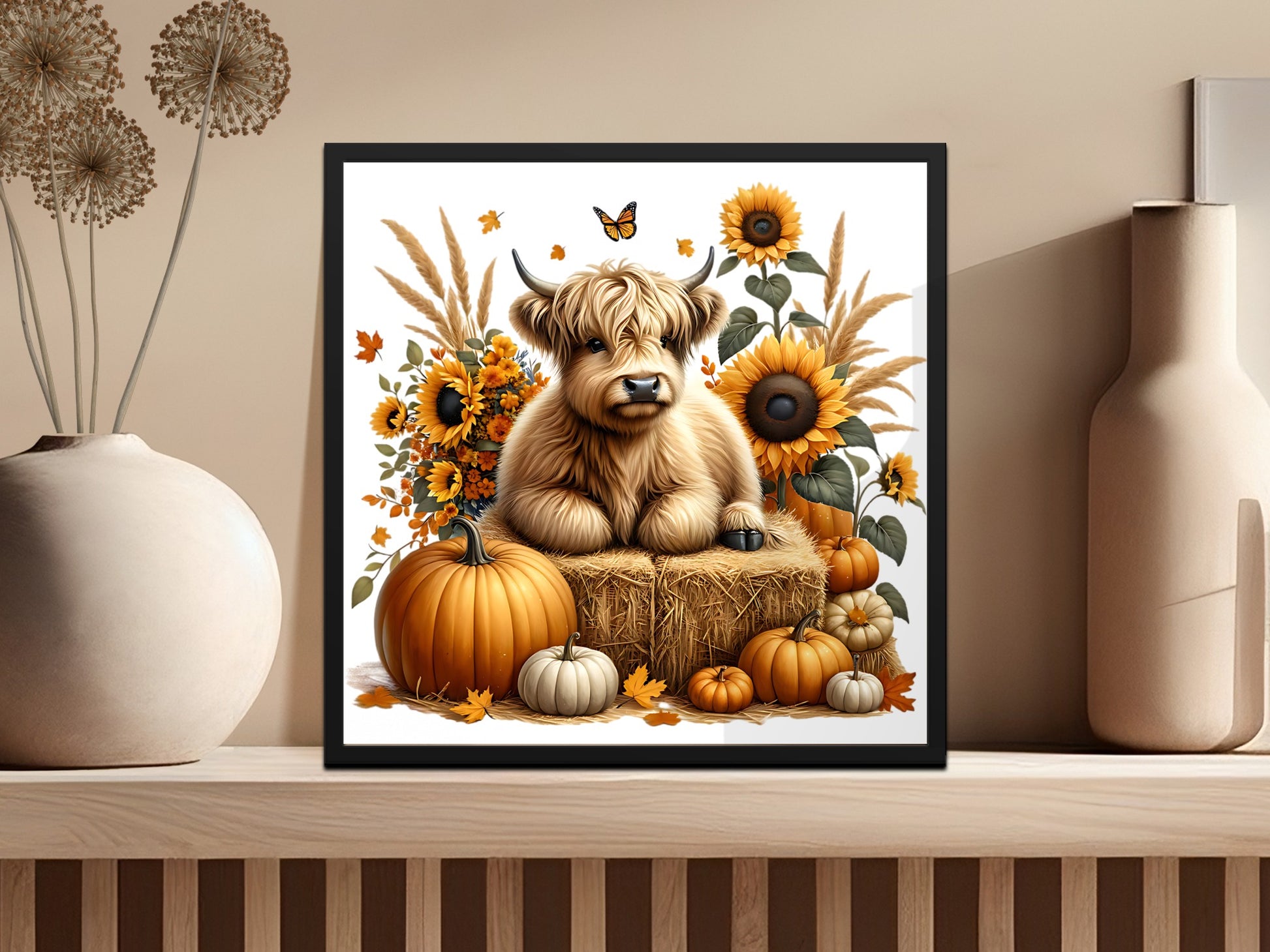 Framed artwork of a Highland cow with sunflowers and pumpkins on a bale of hay.