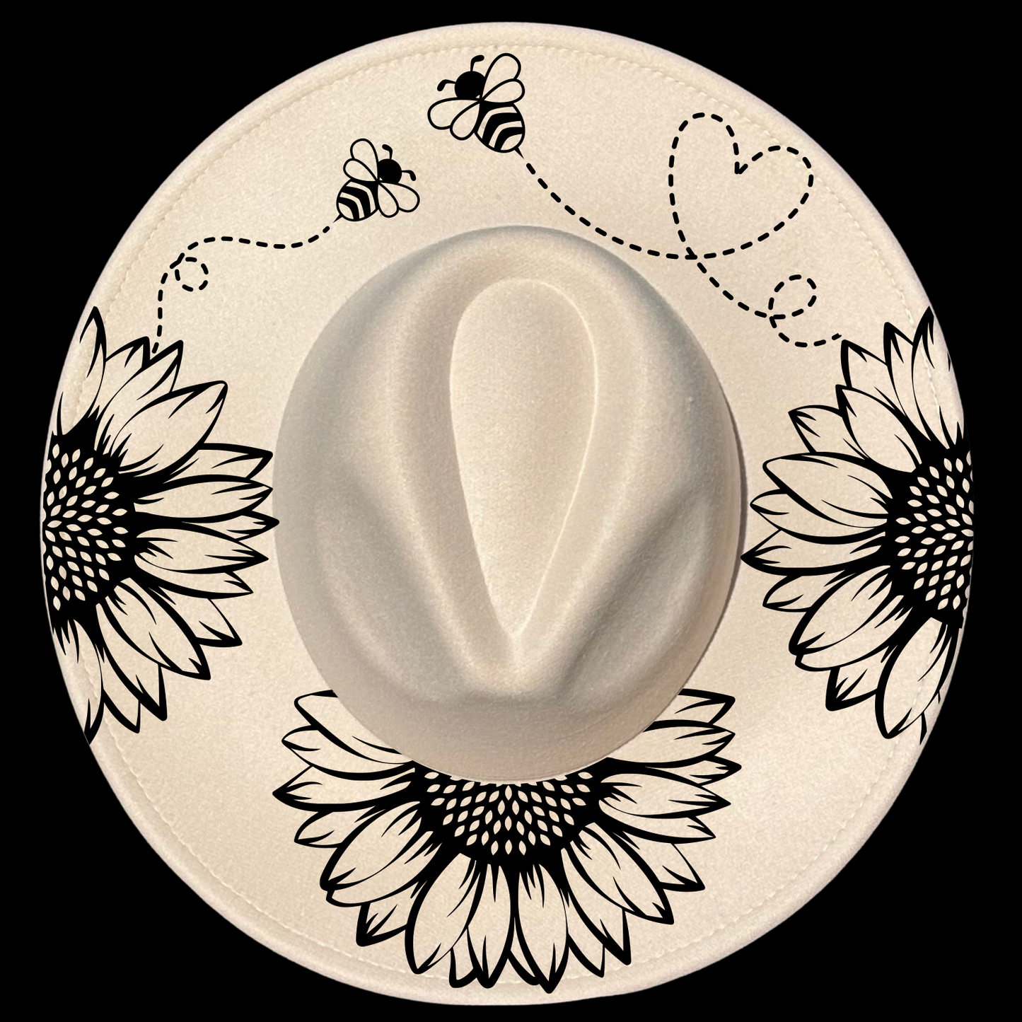 3 Sunflowers and 2 Bees design on a wide brim hat