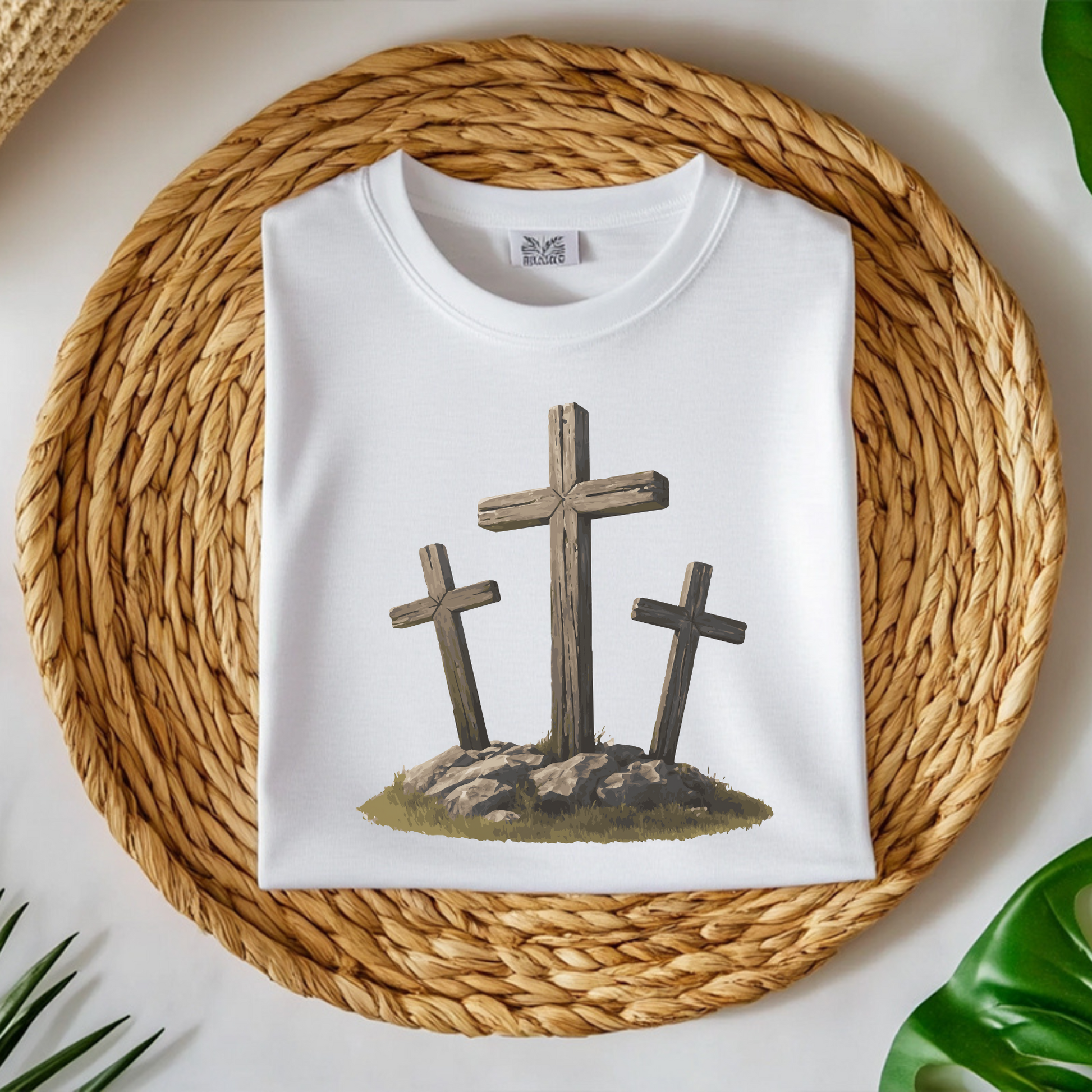 3 Rugged Crosses digital design on a folded white t-shirt