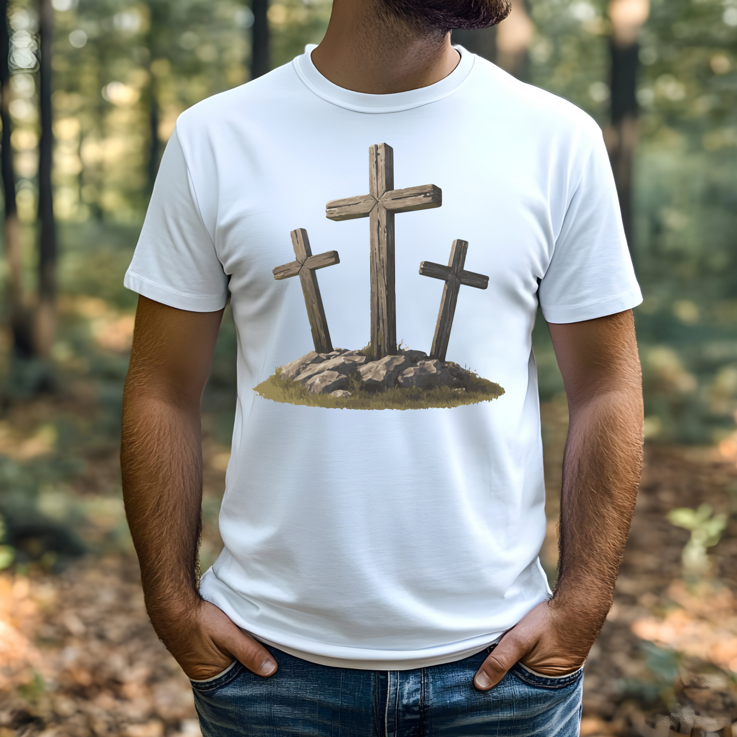 3 Rugged Crosses digital design on a man's white t-shirt
