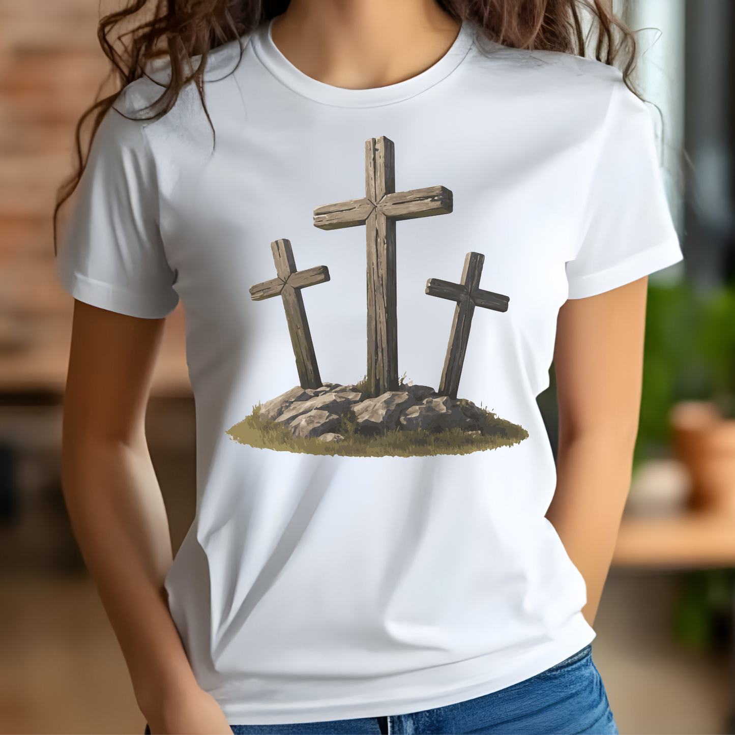 3 Rugged Crosses digital design on a woman's white t-shirt