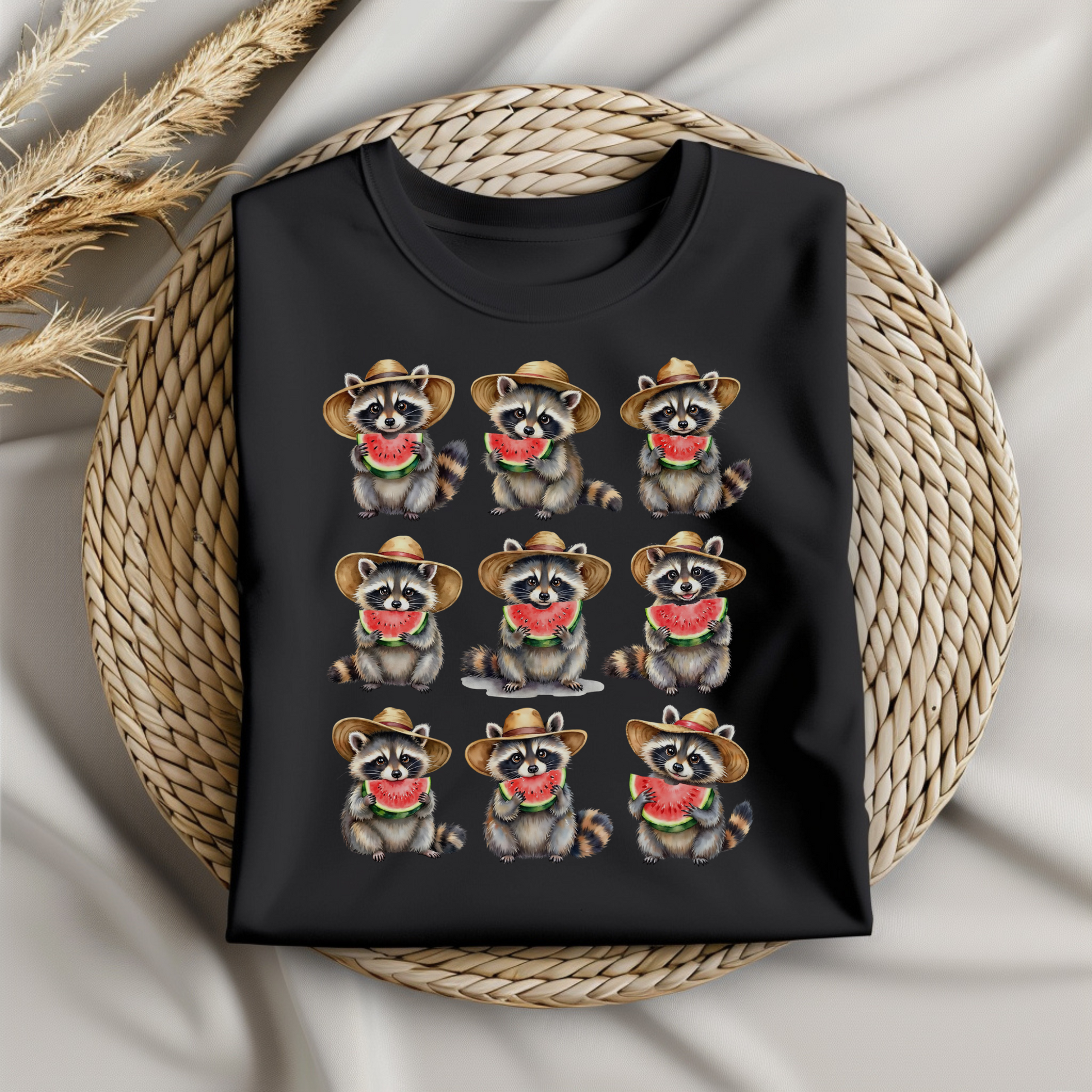 Raccoons Eating Watermelon PNG digital design on a folded black t-shirt