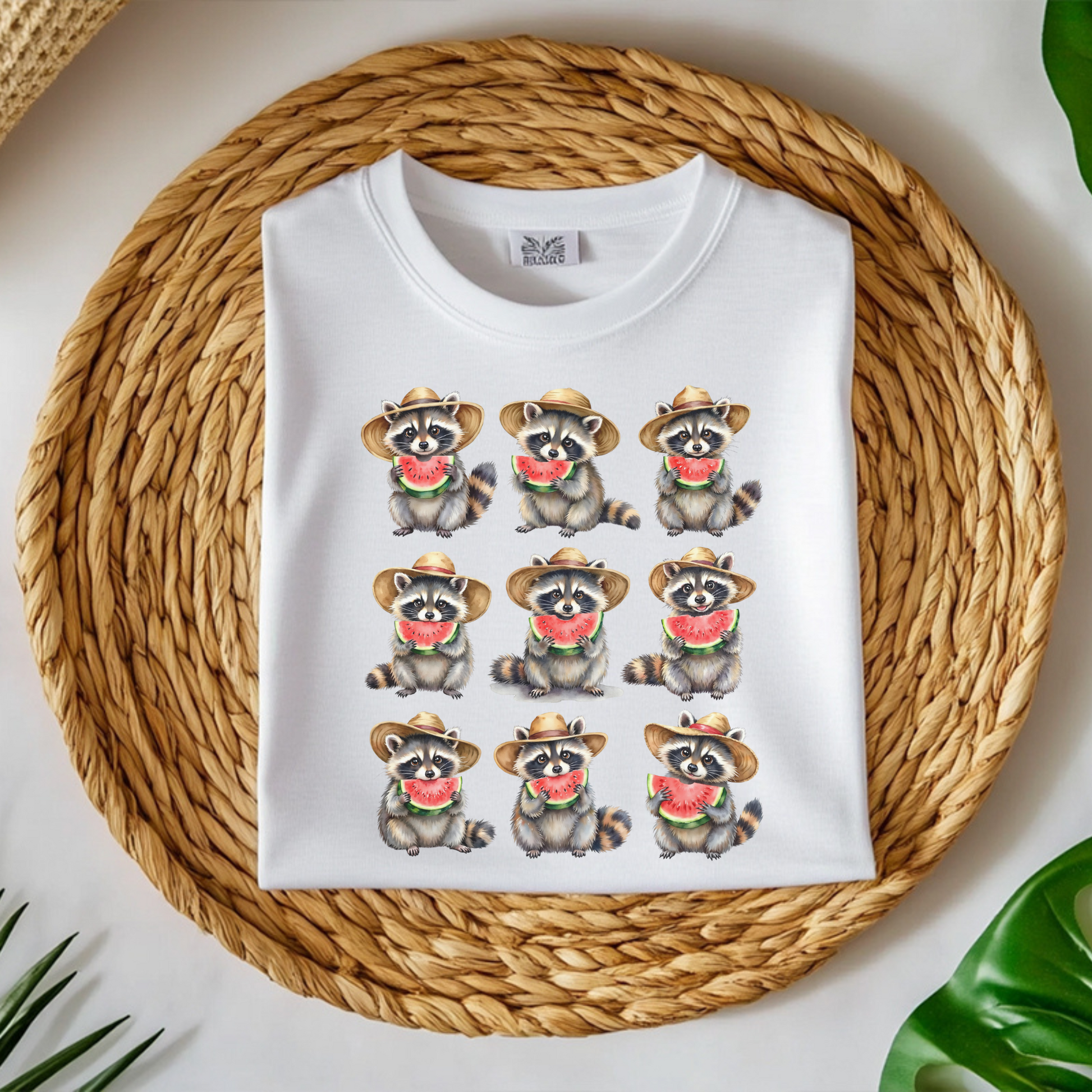 Raccoons Eating Watermelon PNG digital design on a folded white t-shirt