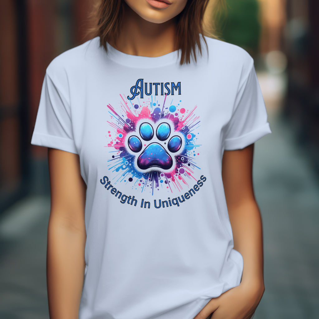 Autism Strength In Uniqueness digital design on a woman’s blue t-shirt
