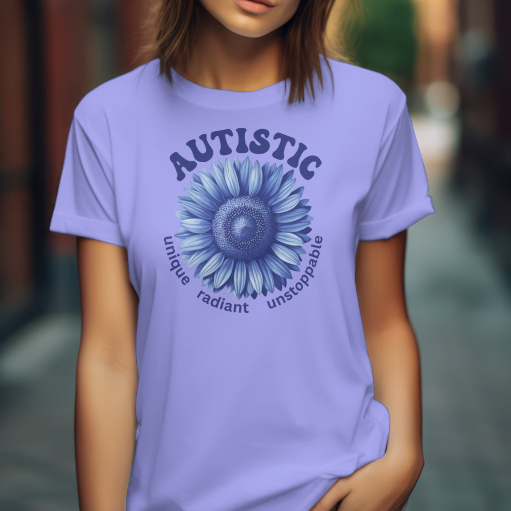Autistic Unique Radiant Unstoppable digital design on a woman’s purple t-shirt