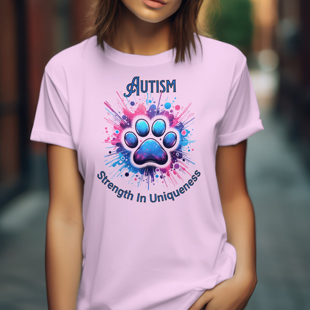 Autism Strength In Uniqueness digital design on a woman’s pink t-shirt