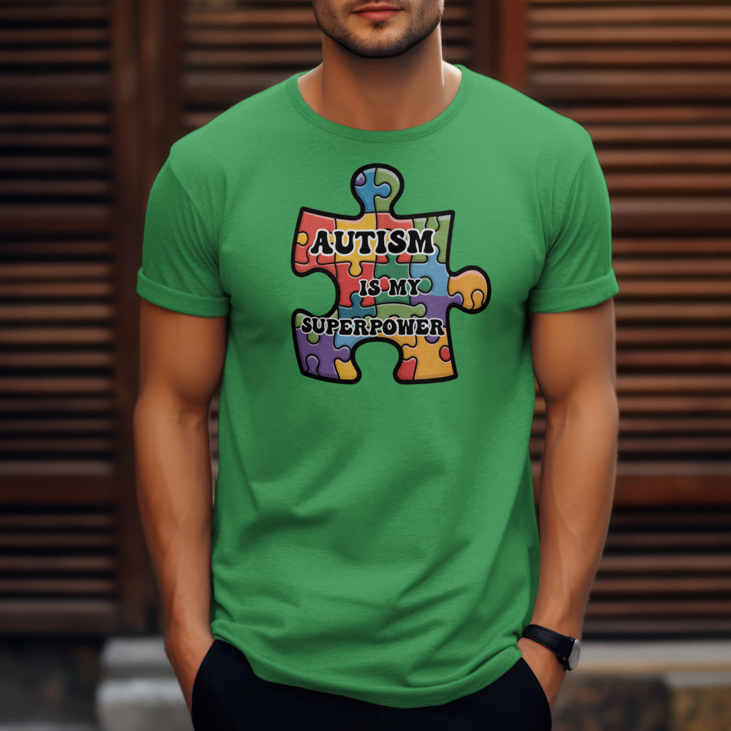 Autism Is My Superpower digital design on a man’s green t-shirt