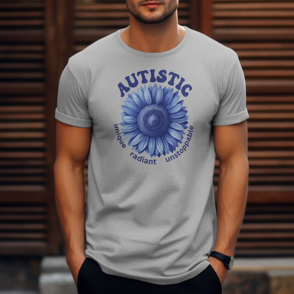Autistic Unique Radiant Unstoppable digital design on a man’s grey t-shirt