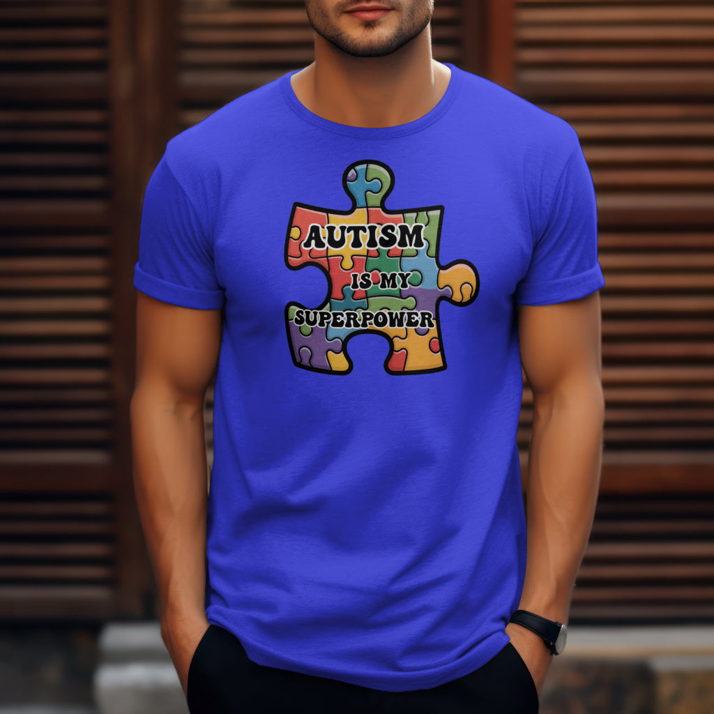 Autism Is My Superpower digital design on a man’s blue t-shirt