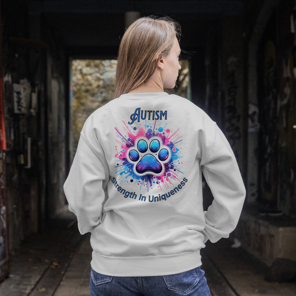 Autism Strength In Uniqueness digital design on a woman’s grey sweatshirt