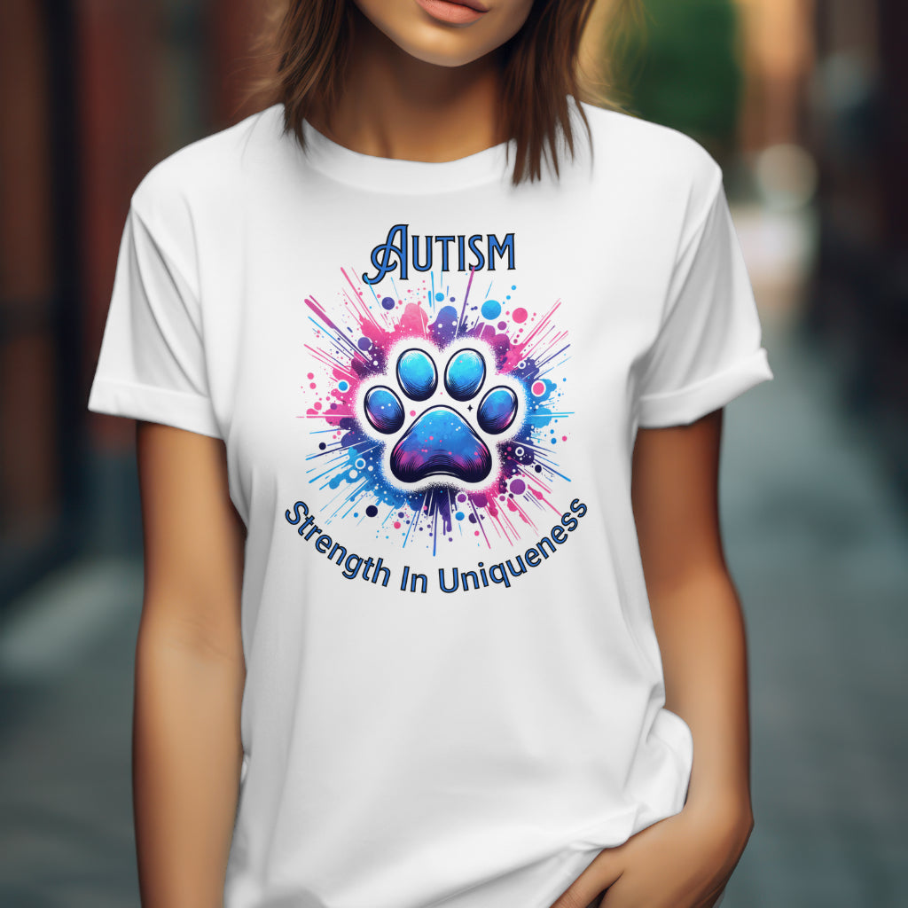 Autism Strength In Uniqueness digital design on a woman’s white t-shirt