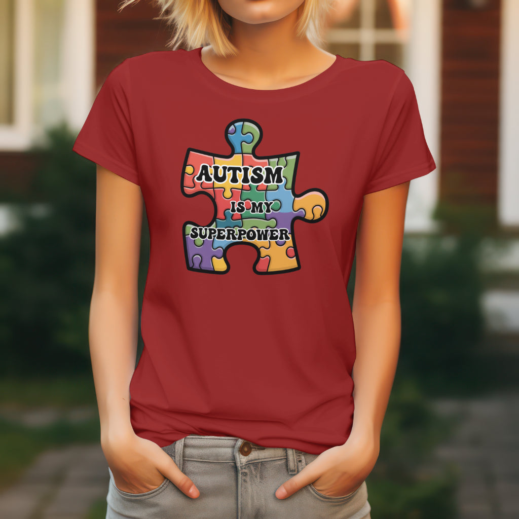Autism Is My Superpower digital design on a woman’s red t-shirt
