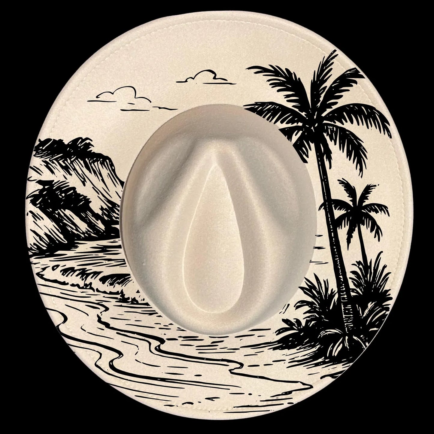 A beach scene for hat burning on a wide brim hat.