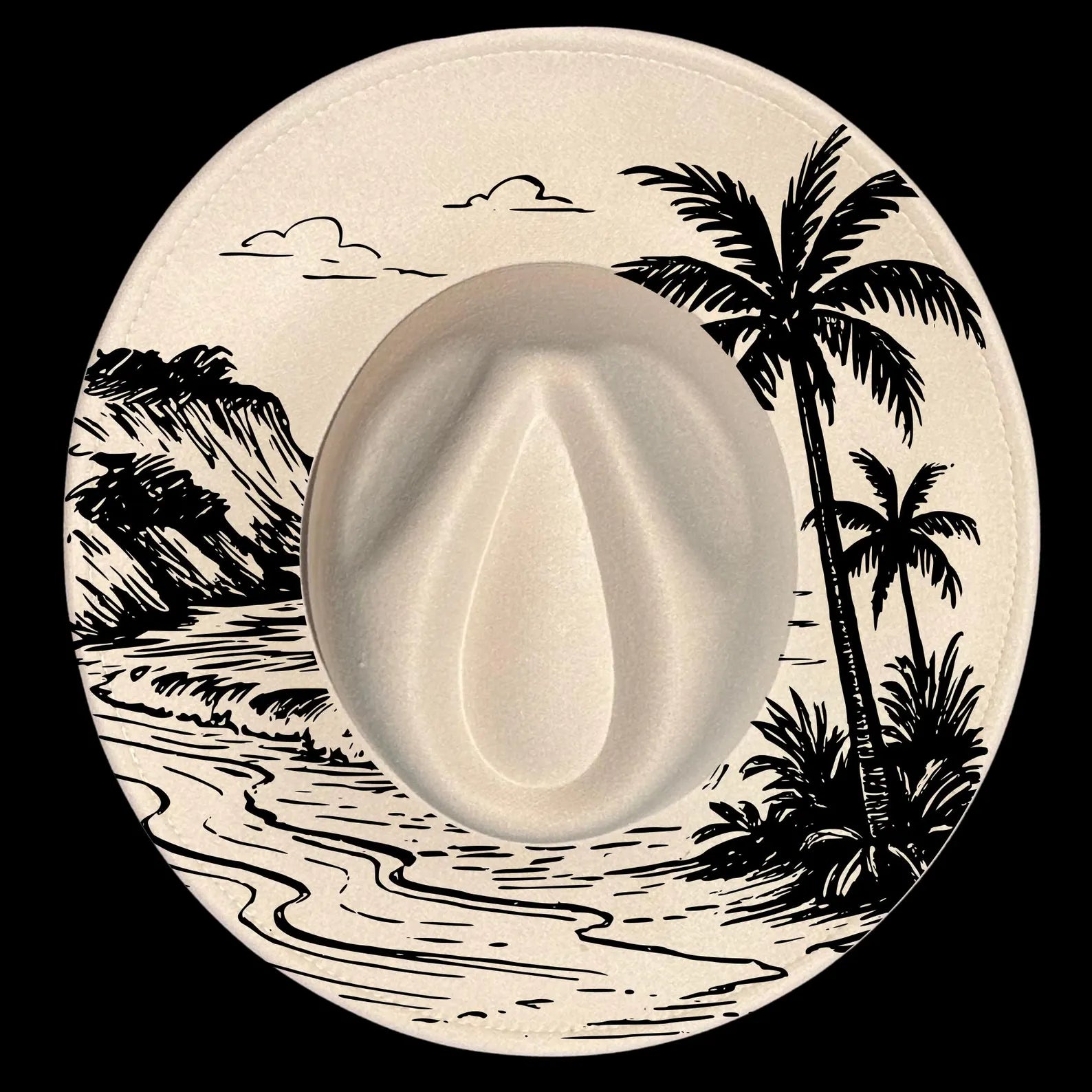 A beach scene for hat burning on a wide brim hat.