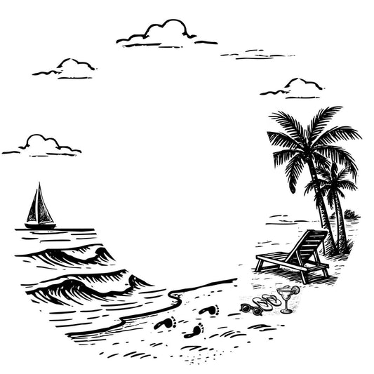 Black and white illustration of a beach scene with palm trees, lounge chair, and sailboat for burning wide brim hats.