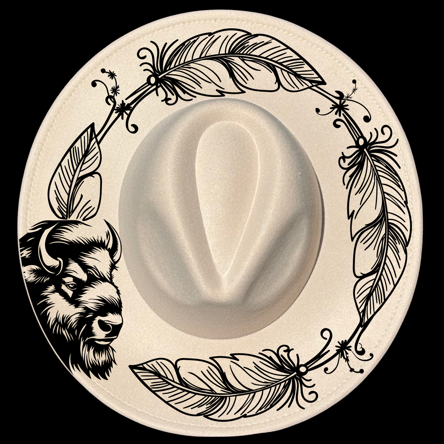 Bison Feathers design on a wide brim hat