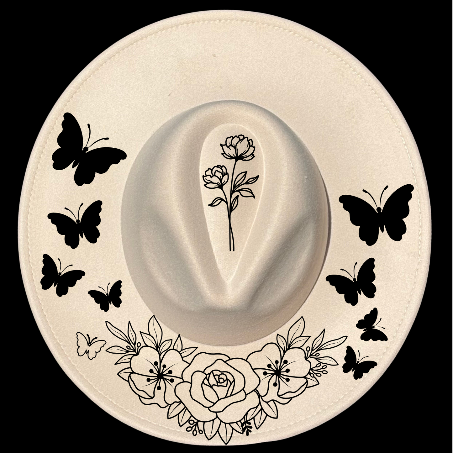 Flowers And Butterflies Wide Brim Hat Burning Design SVG PNG