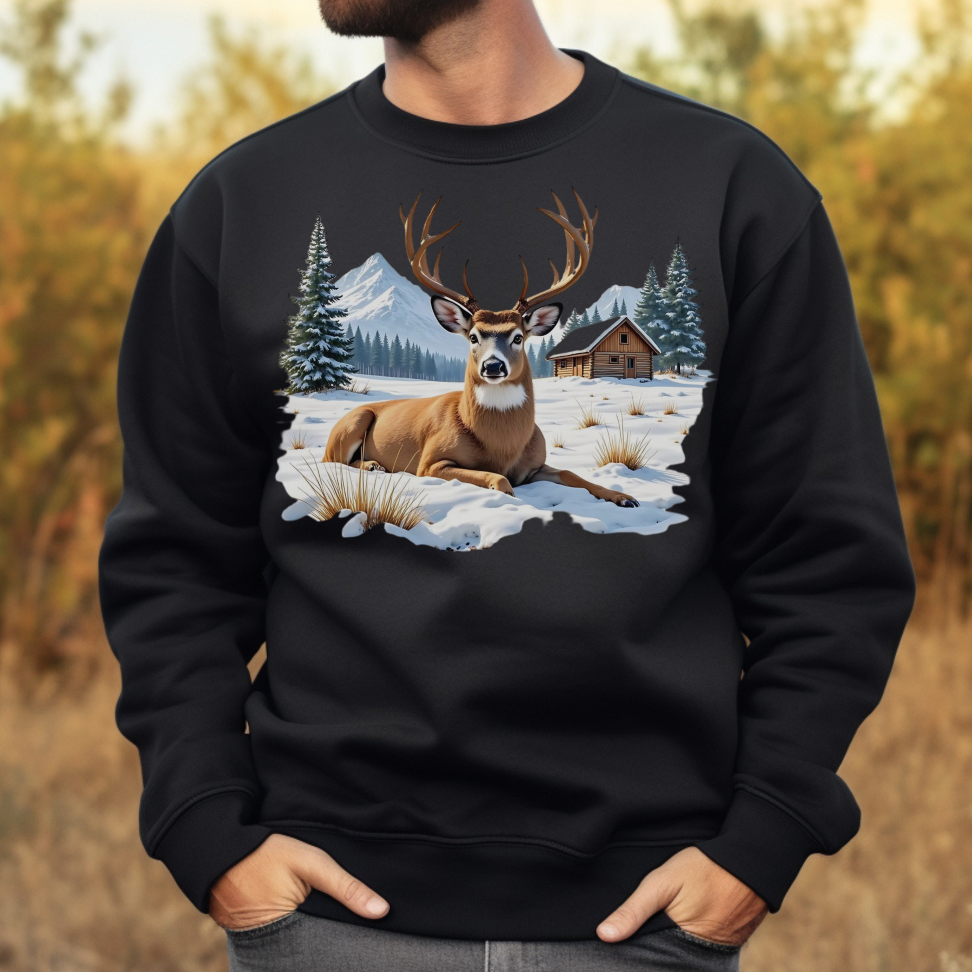 Deer On The Snow PNG digital design on a man's black sweatshirt.
