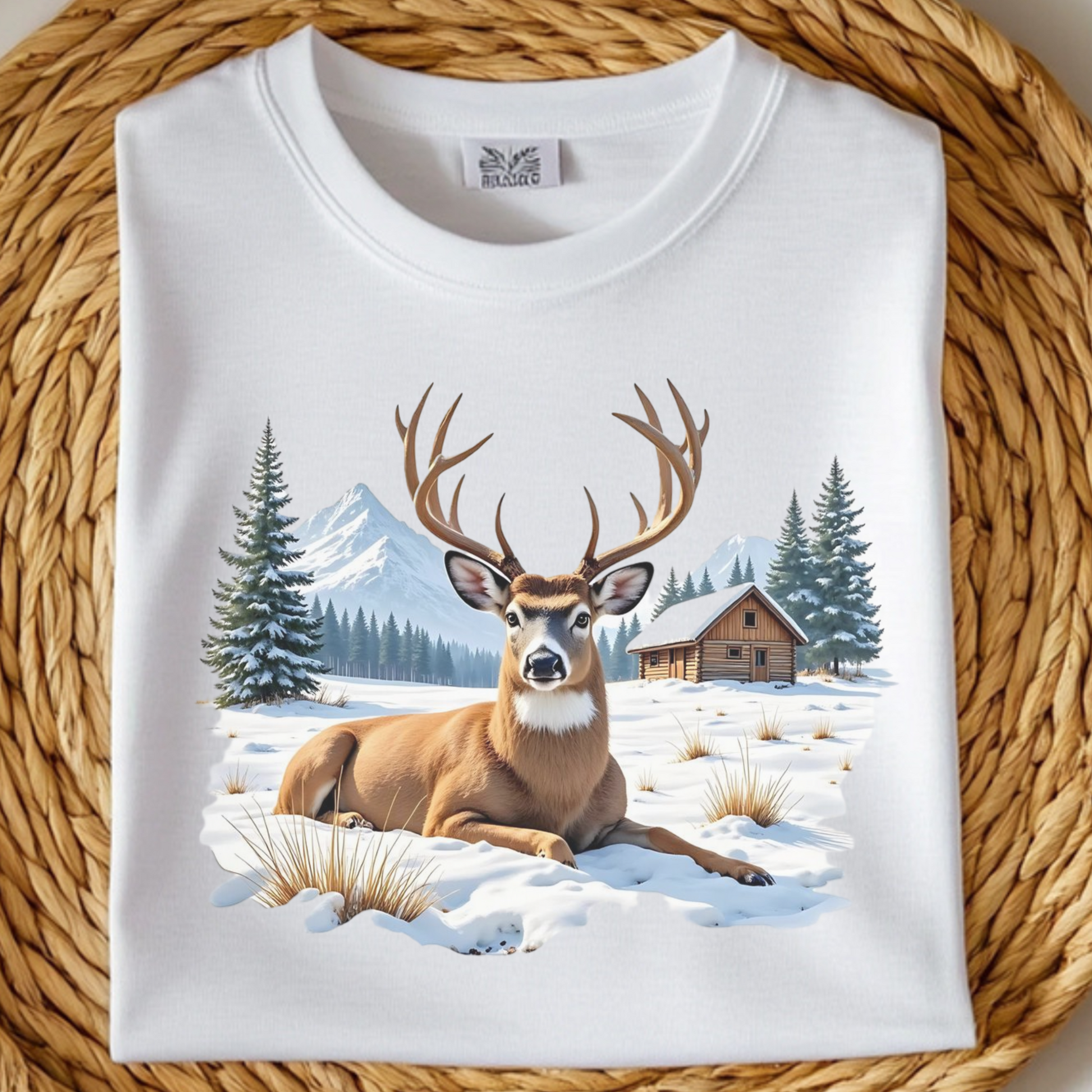 Deer On The Snow PNG digital design on a folded white t-shirt