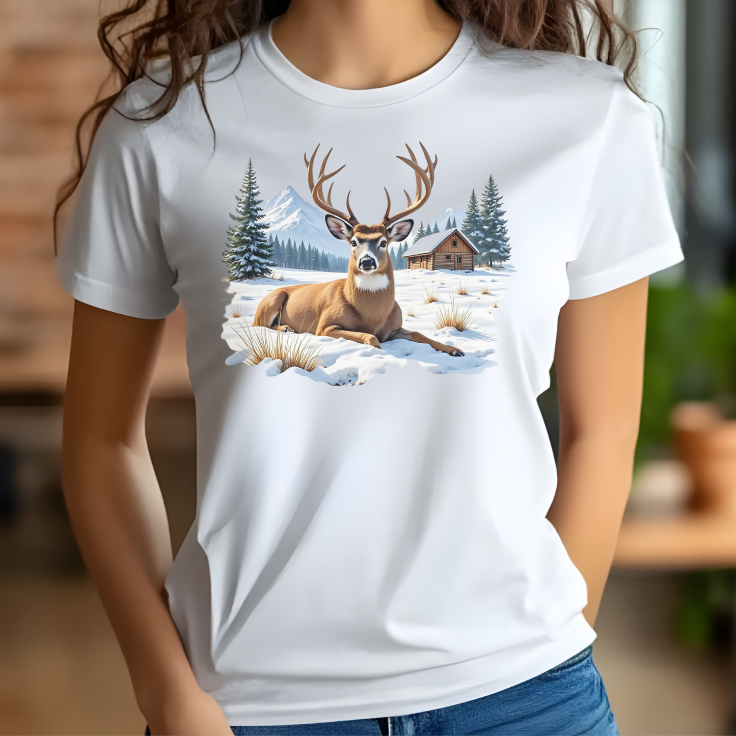 Deer On The Snow PNG digital design on a woman's white t-shirt
