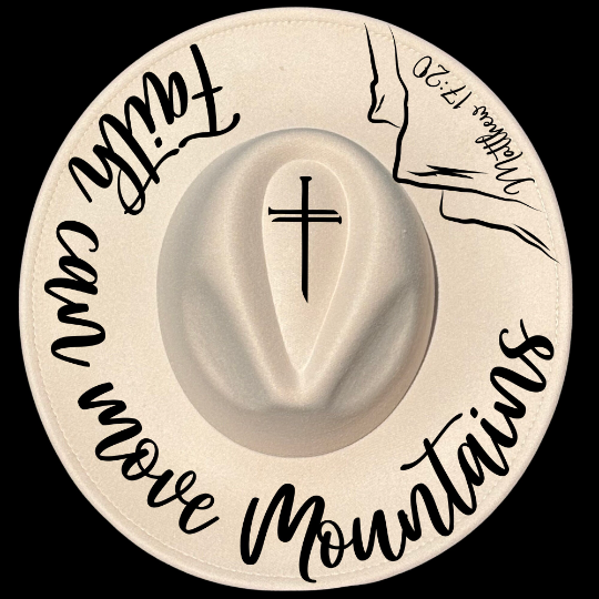 Faith Can Move Mountains design on a wide brim hat