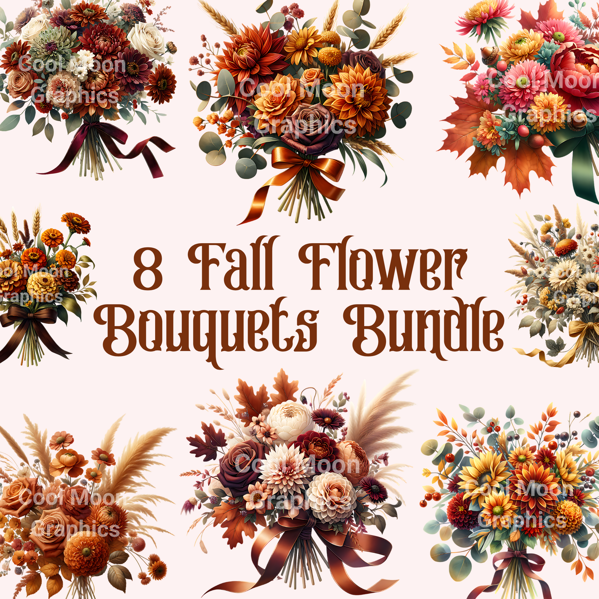 Promotional graphic for '8 Fall Flower Bouquets Bundle' with autumn-themed floral arrangements.