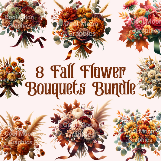 Promotional graphic for '8 Fall Flower Bouquets Bundle' with autumn-themed floral arrangements.
