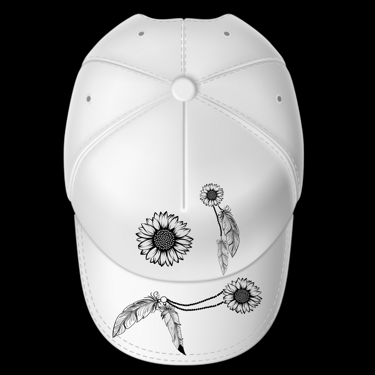 Feathers And Sunflowers design on a baseball cap