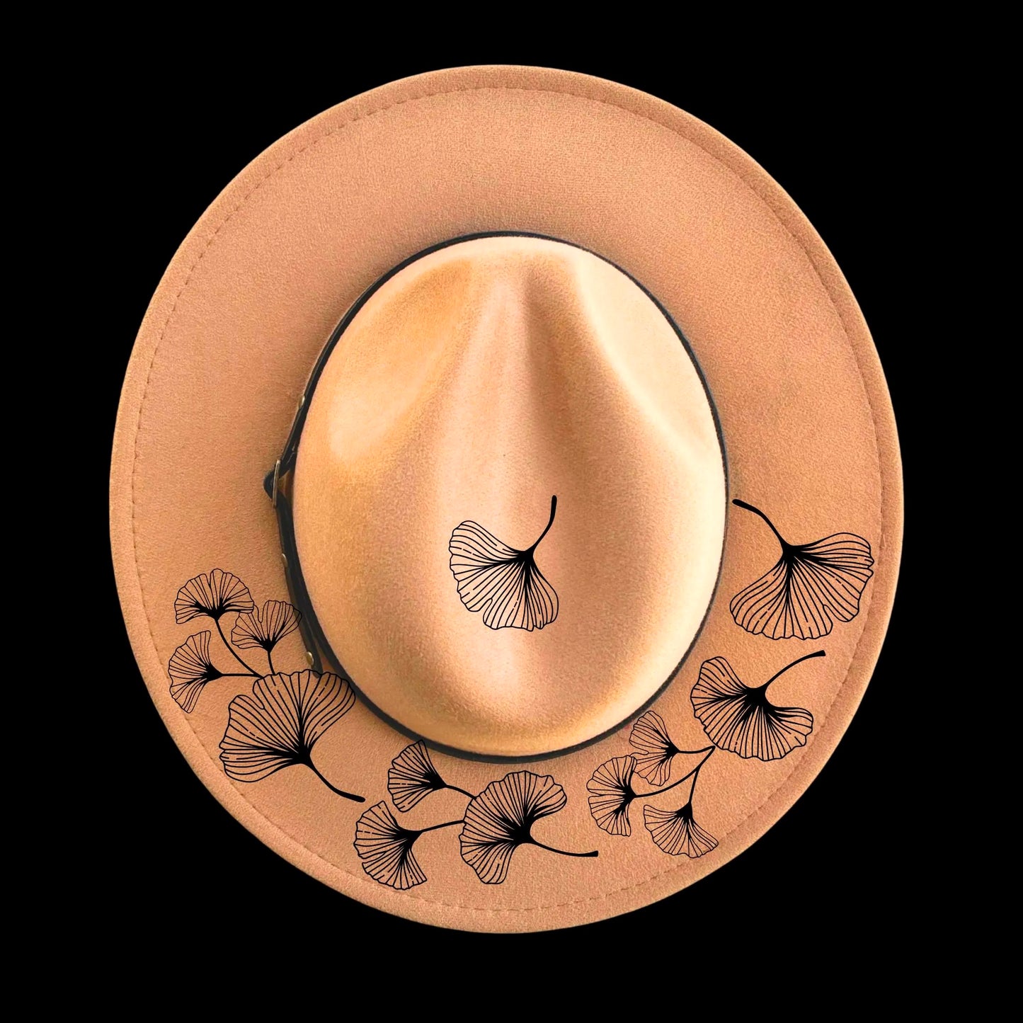 Ginkgo Leaves burned hat burning design on a narrow brim hat