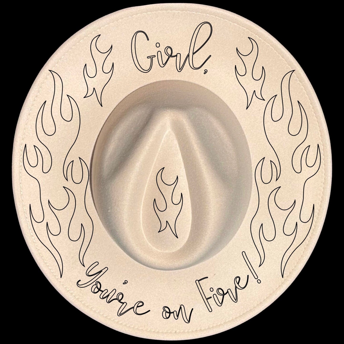 Girl You’re On Fire traced design on a wide brim hat