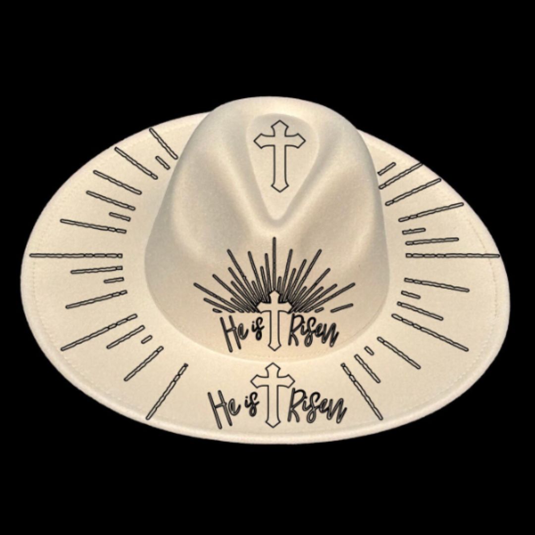 He Is Risen Cross digital design on a wide brim hat