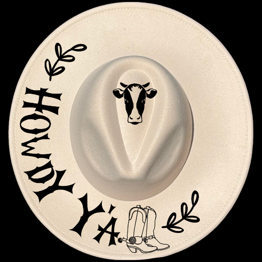 Howdy Y'all design on a wide brim hat