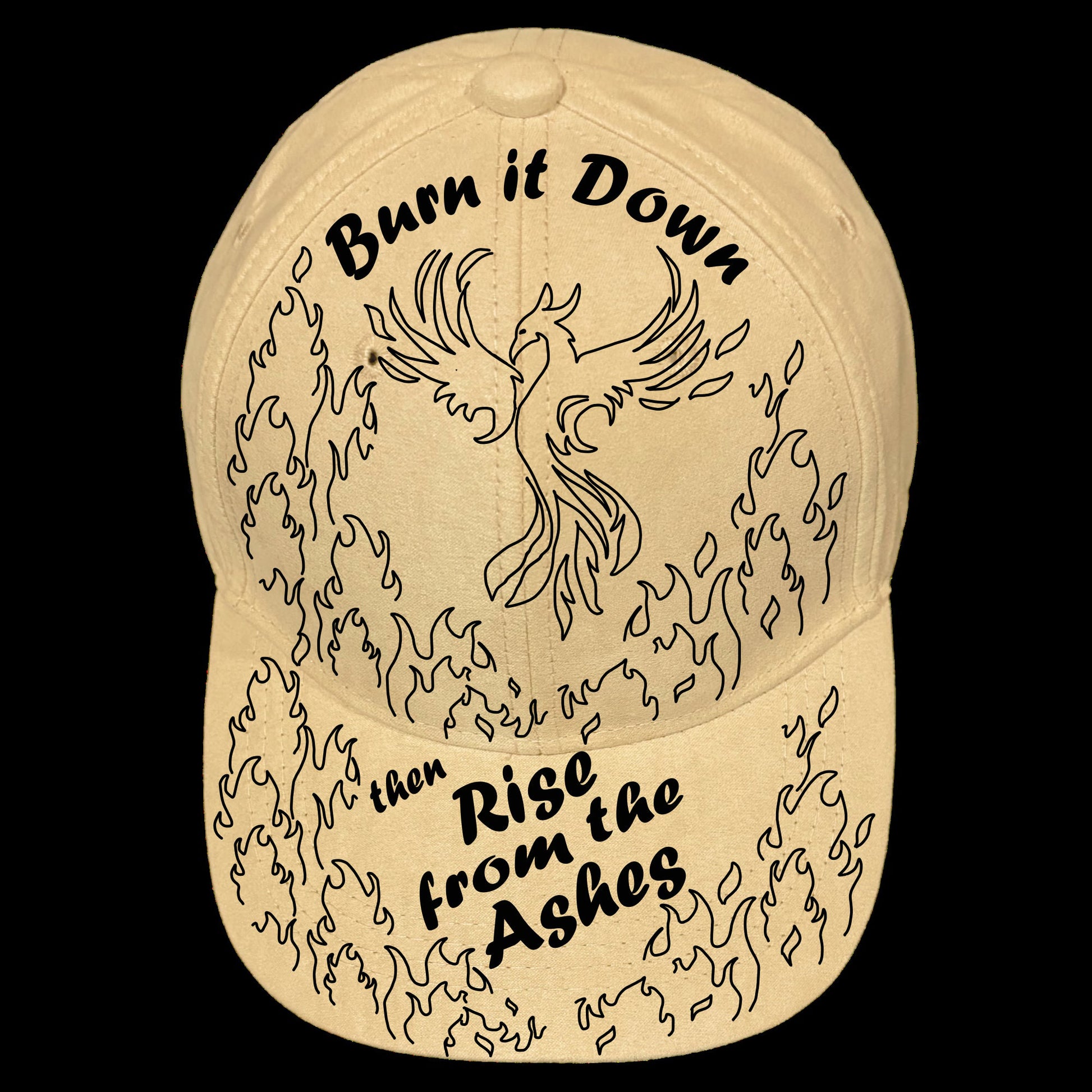 Burn It Down design on a baseball cap