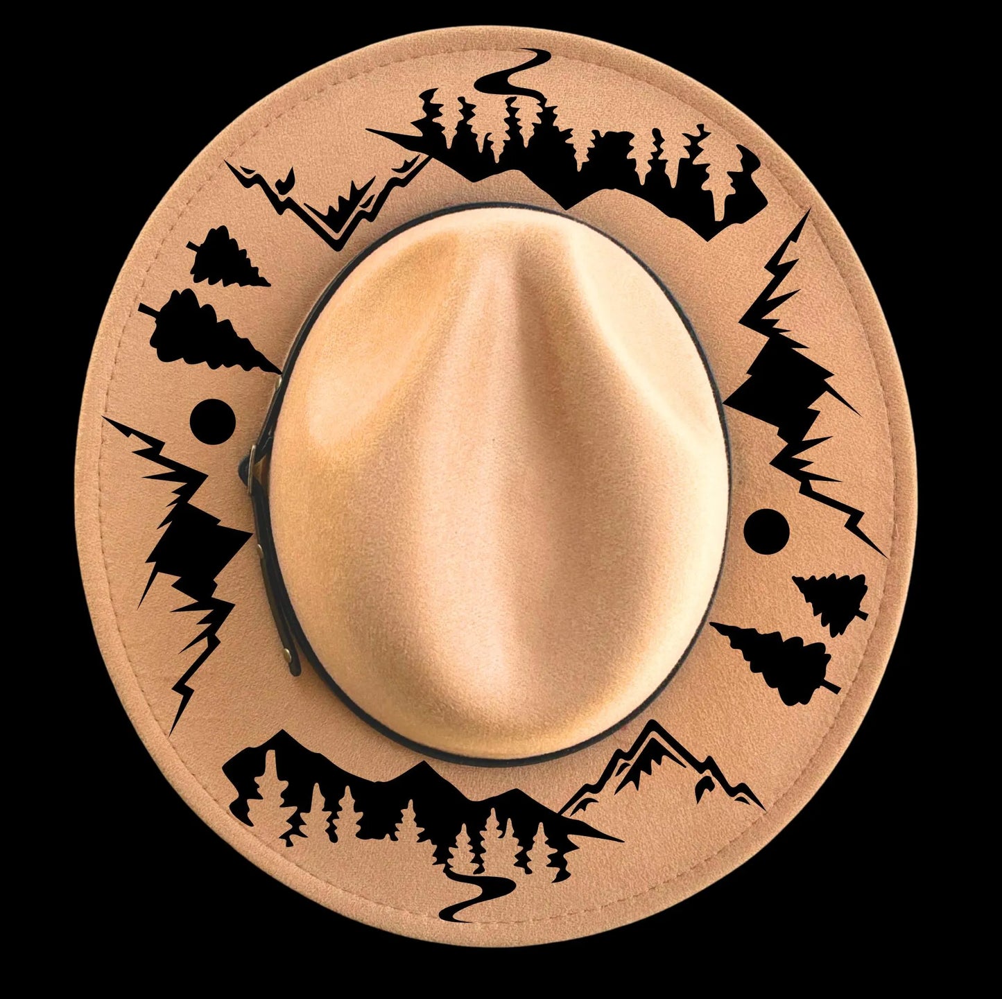 Mountains And Trees burned hat burning design on a narrow brim hat
