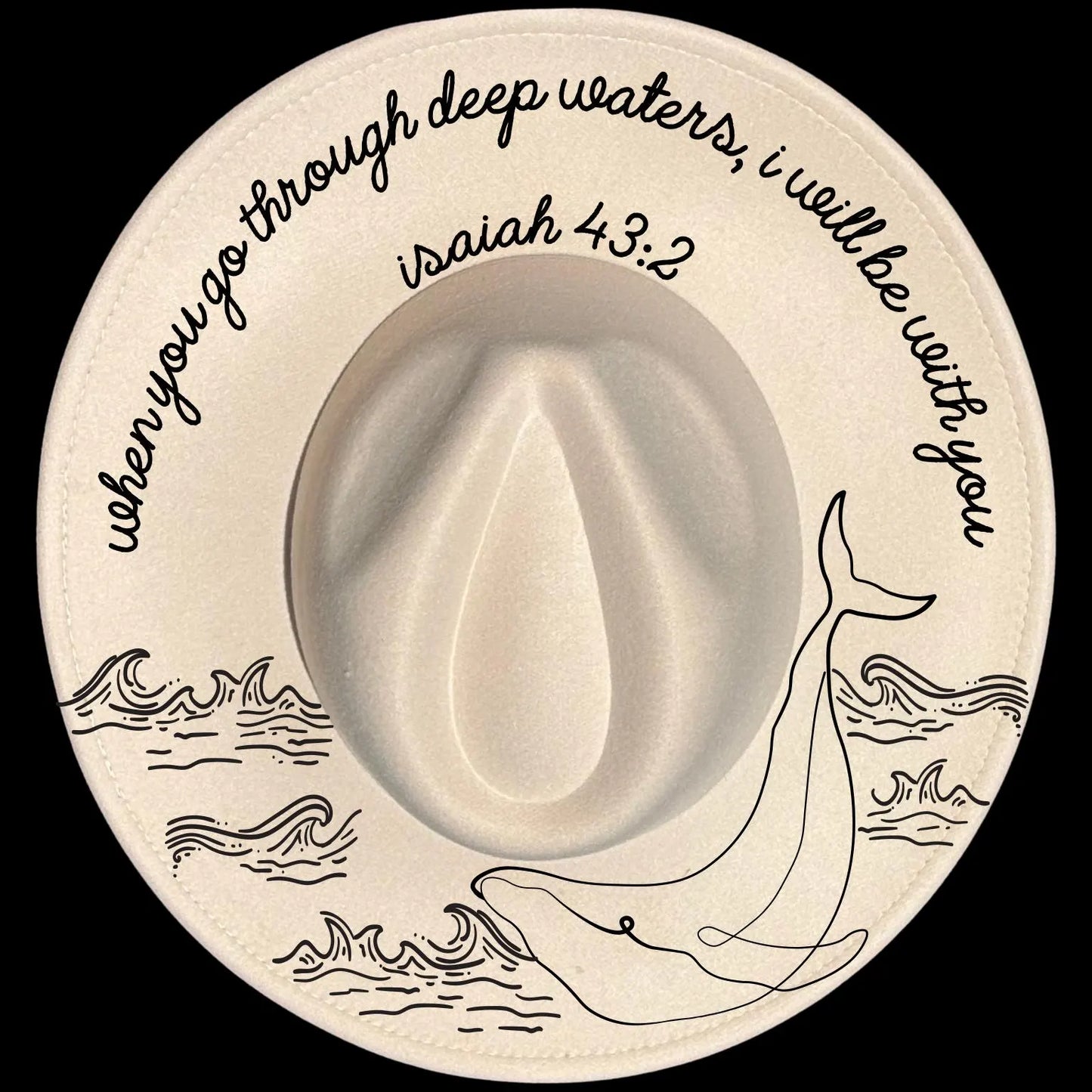 Deep Waters burned hat burning design on a wide brim hat