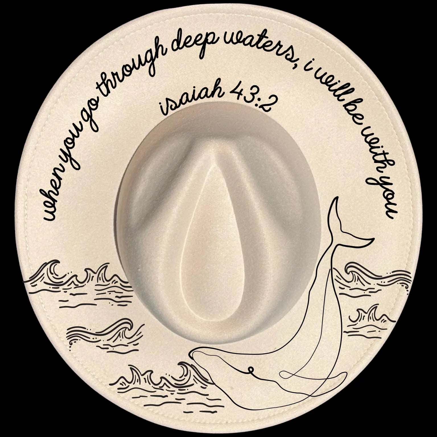 Deep Waters burned hat burning design on a wide brim hat