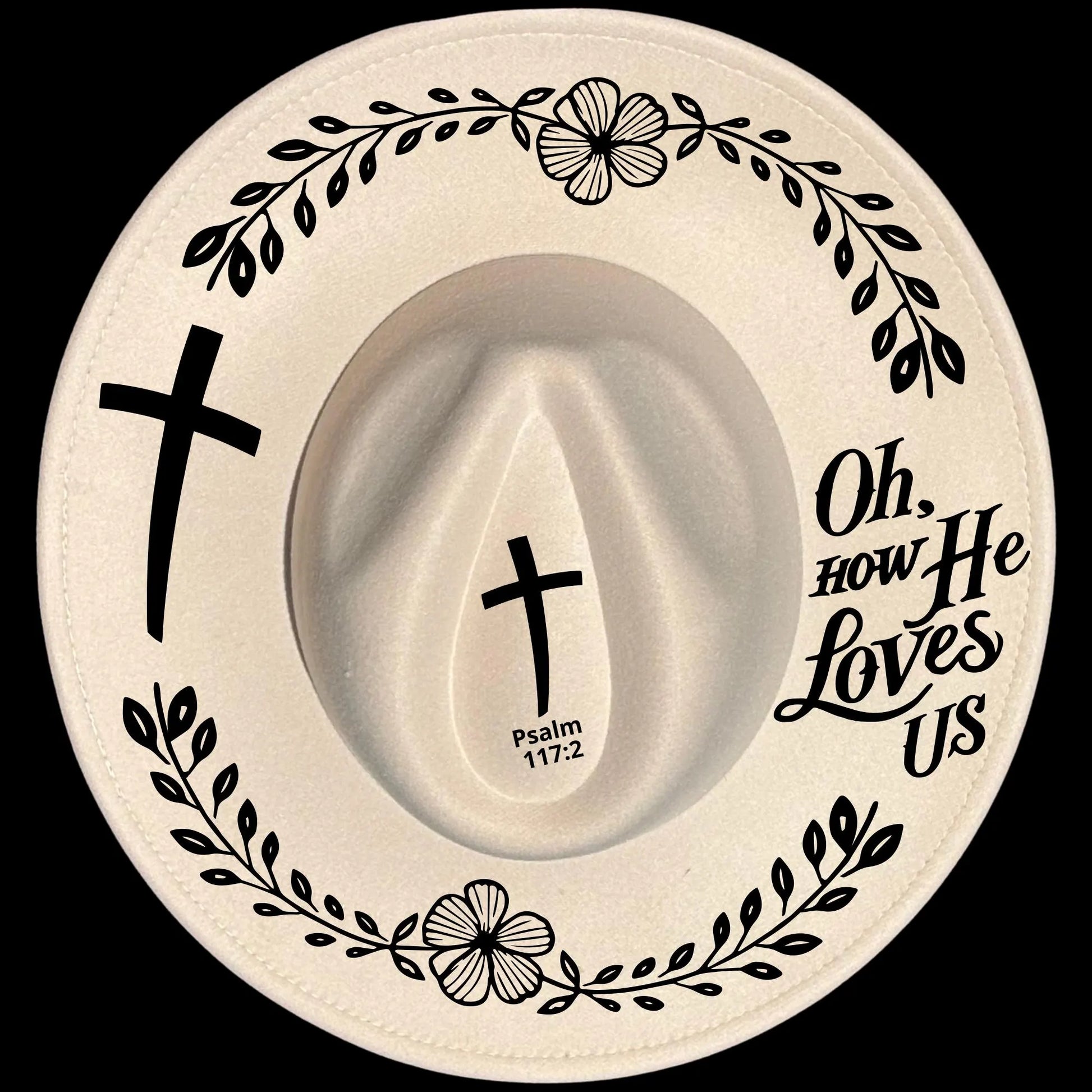 Oh How He Loves Us burned hat burning design on a wide brim hat