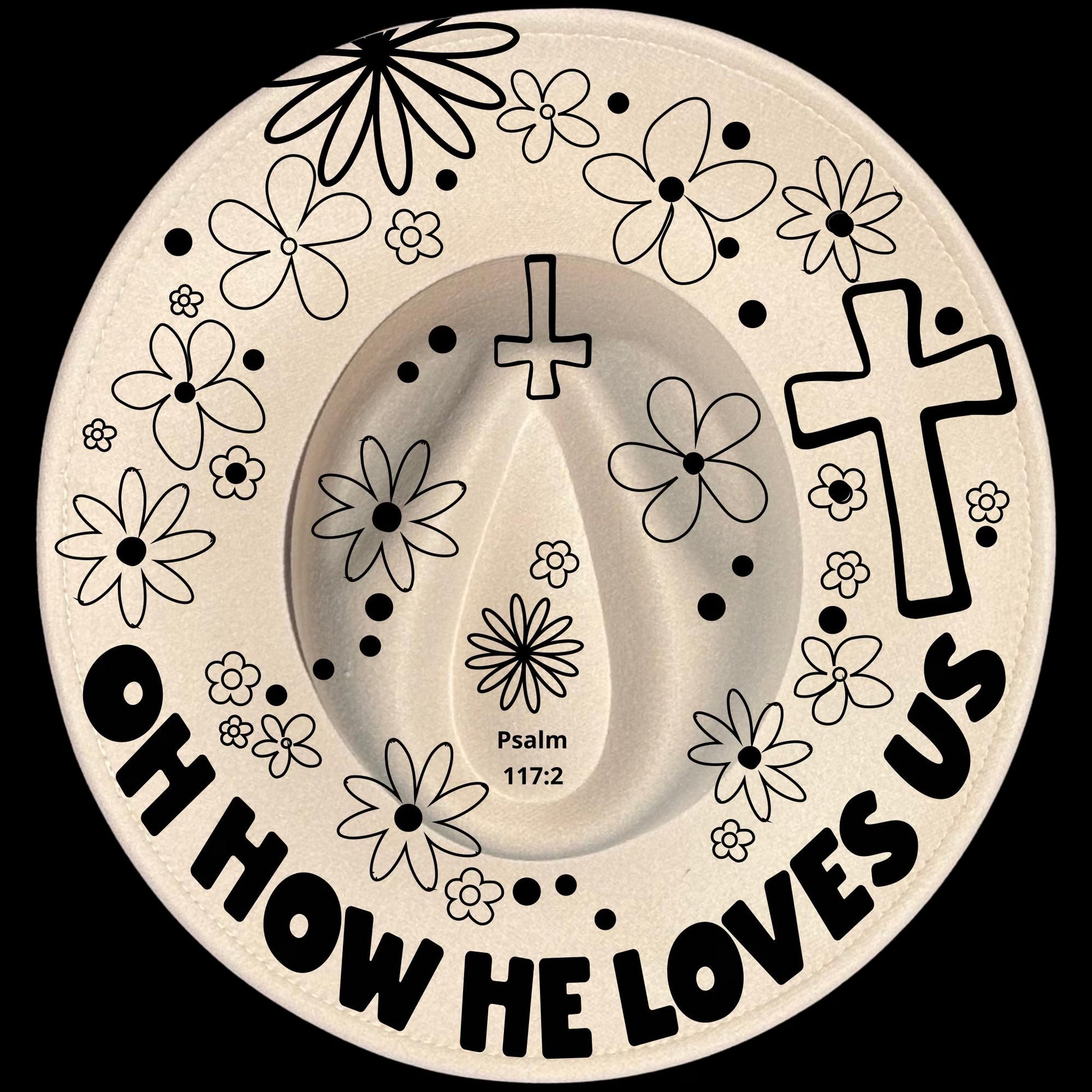 Oh How He Loves Us Groovy burned hat burning design on a wide brim hat