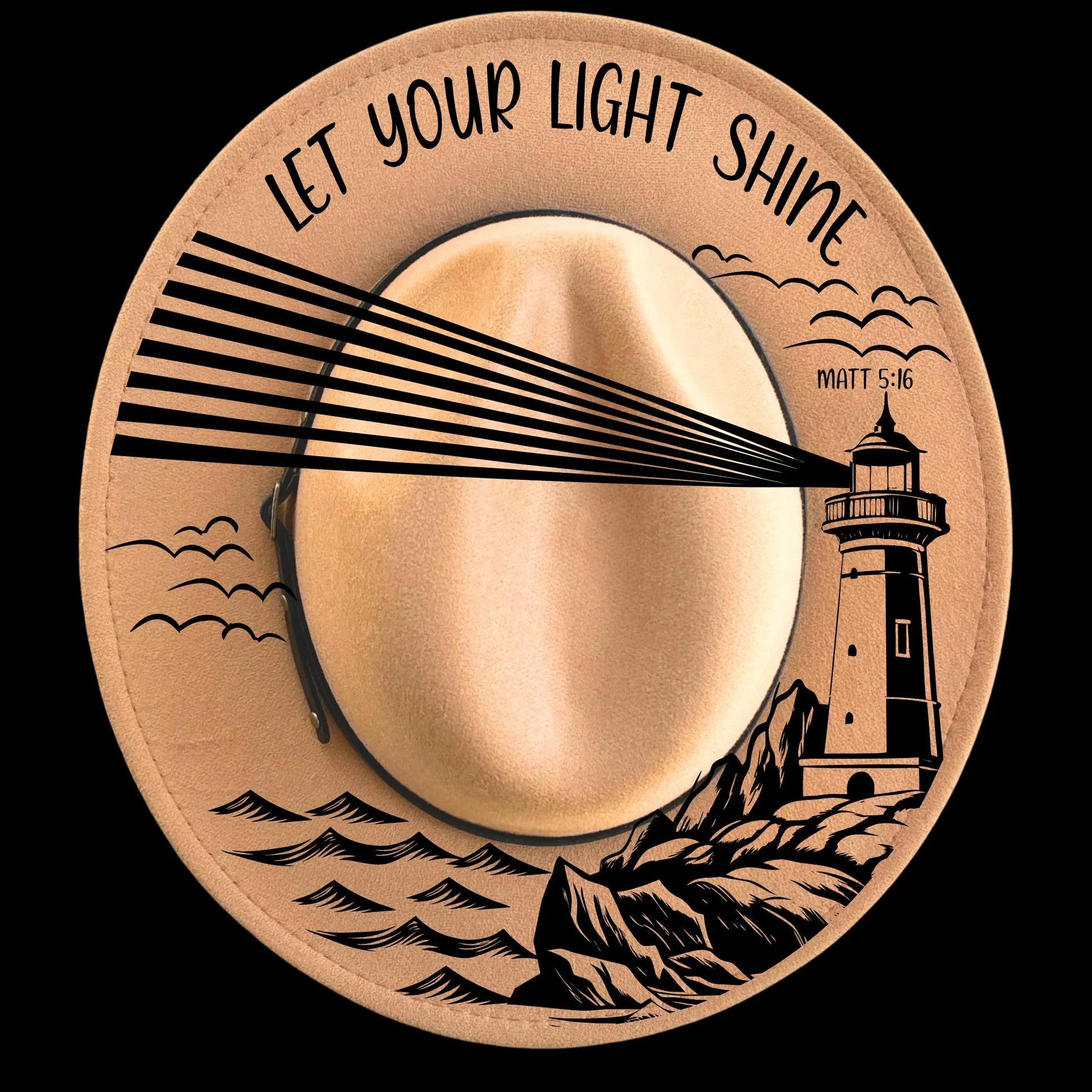 Lighthouse burned hat burning design on a narrow brim hat