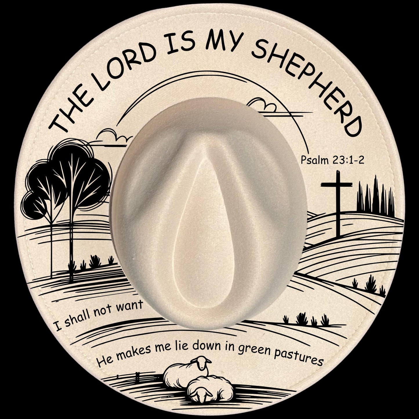 He Makes Me Lie Down burn hat burning design on a wide brim hat