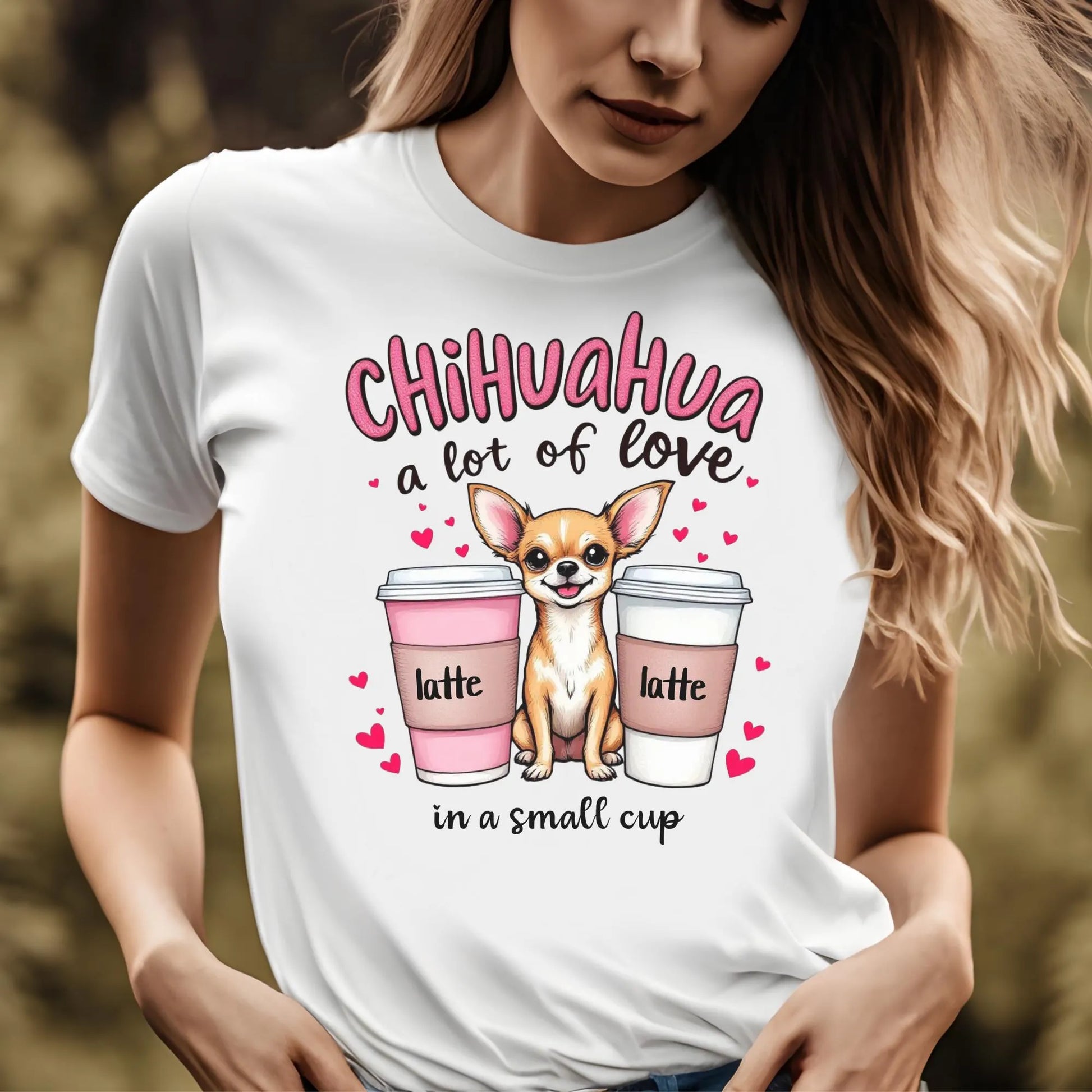 Chihuahua A Lot Of Love In A Small Cup digital design on a woman’s white t-shirt