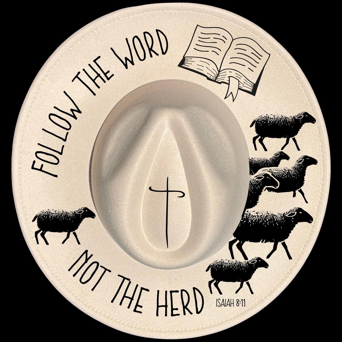 Follow The Word Not The Heard burned hat burning design on a wide brim hat