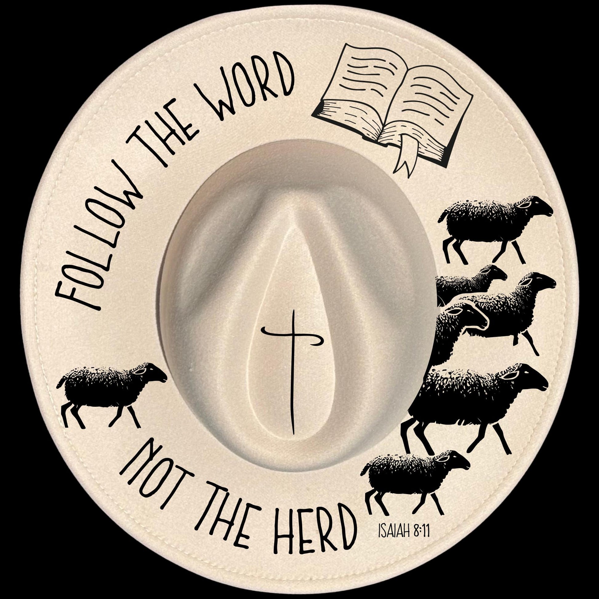 Follow The Word Not The Heard burned hat burning design on a wide brim hat
