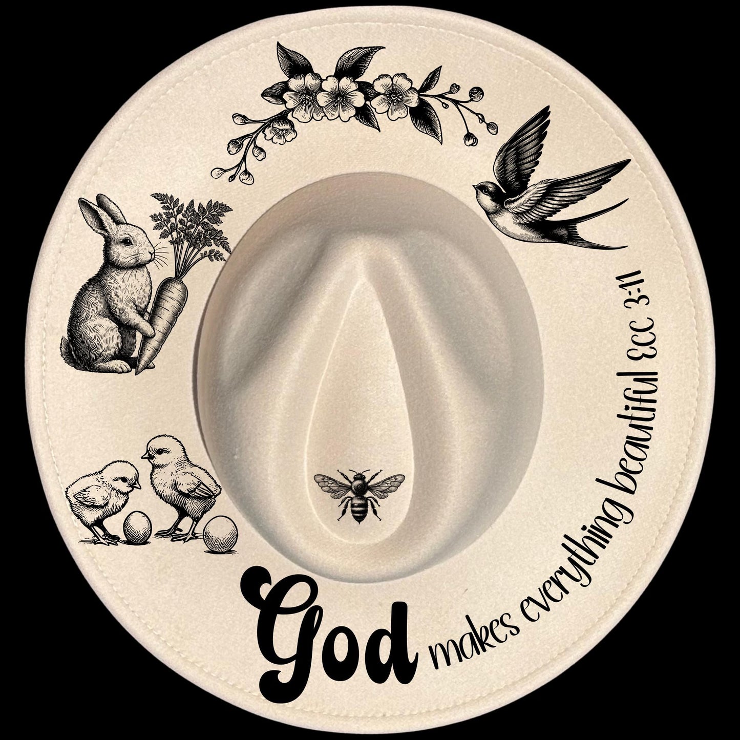God Makes Everything Beautiful burned hat burning design on a wide brim hat