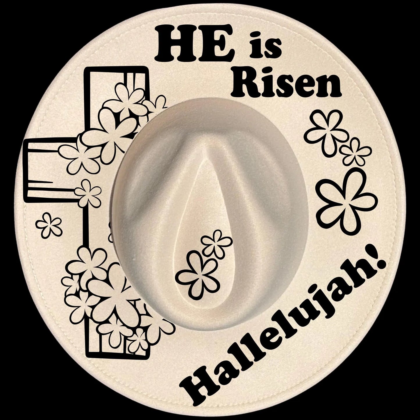 He Is Risen Hallelujah burned hat burning design on a wide brim hat