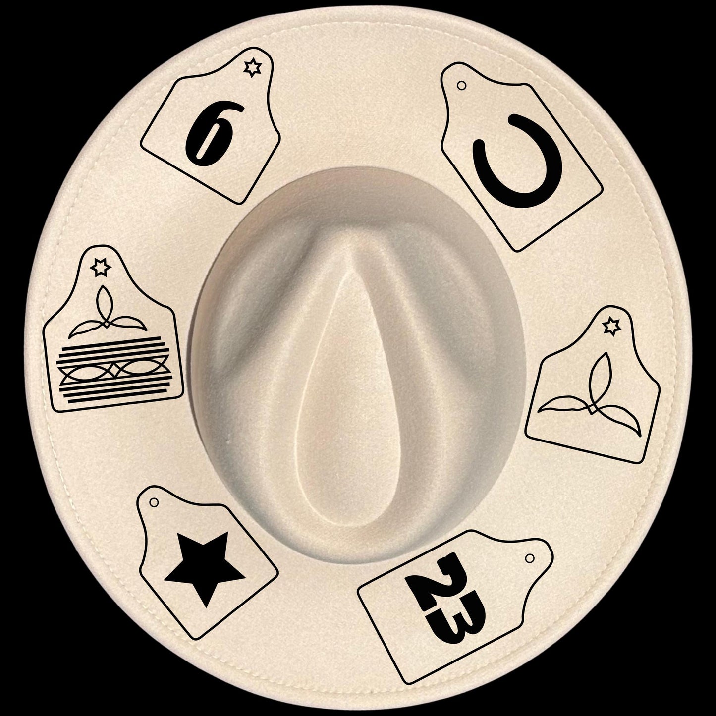 Ear Tags burned hat burning design on a wide brim hat