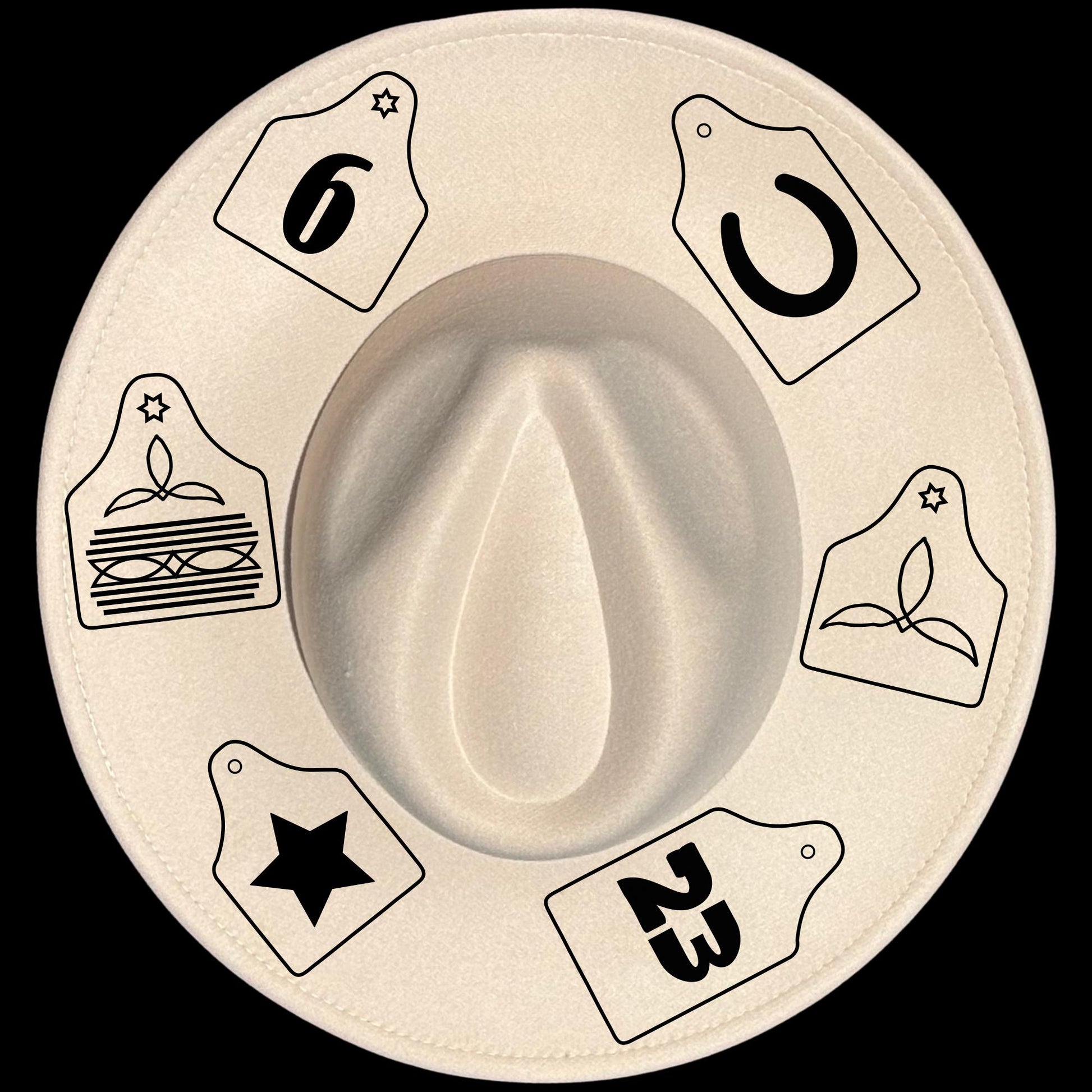 Ear Tags burned hat burning design on a wide brim hat