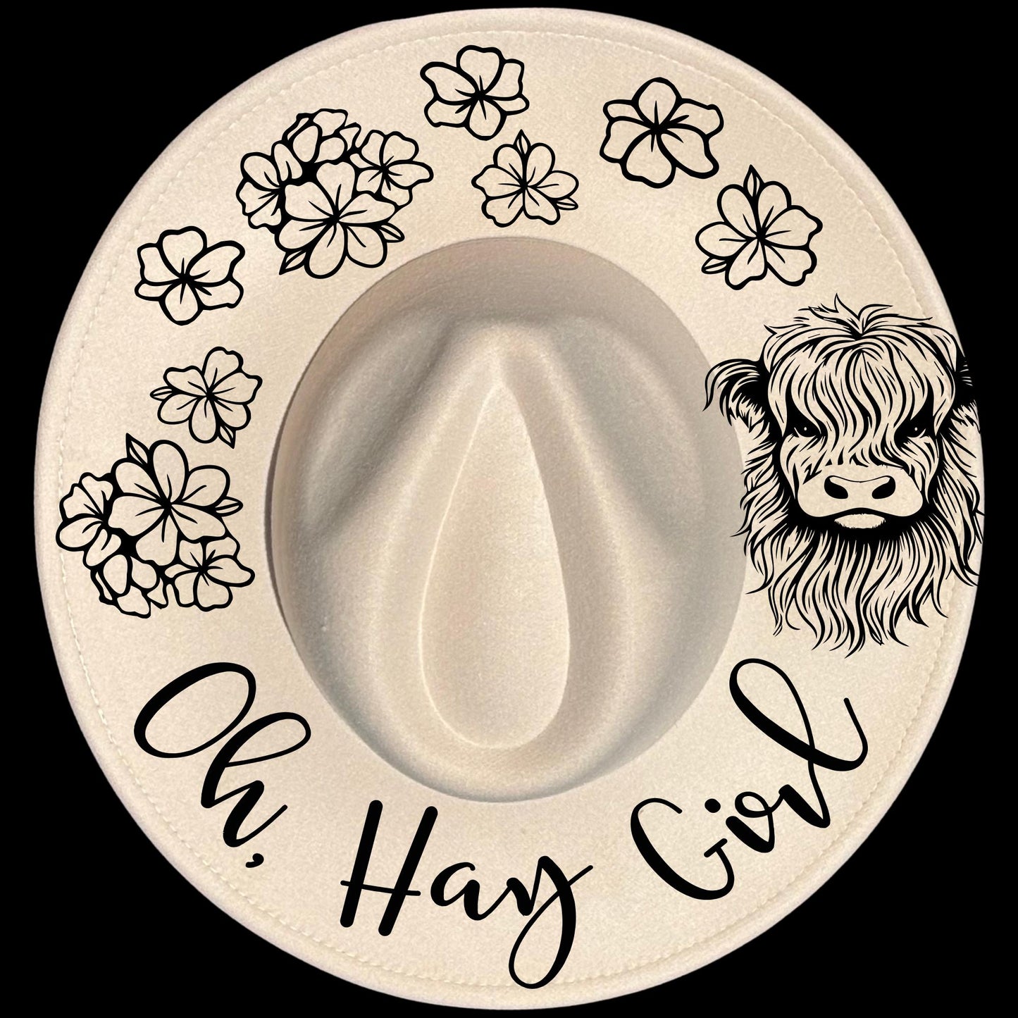 Oh Hay Girl burned hat burning design on a wide brim hat