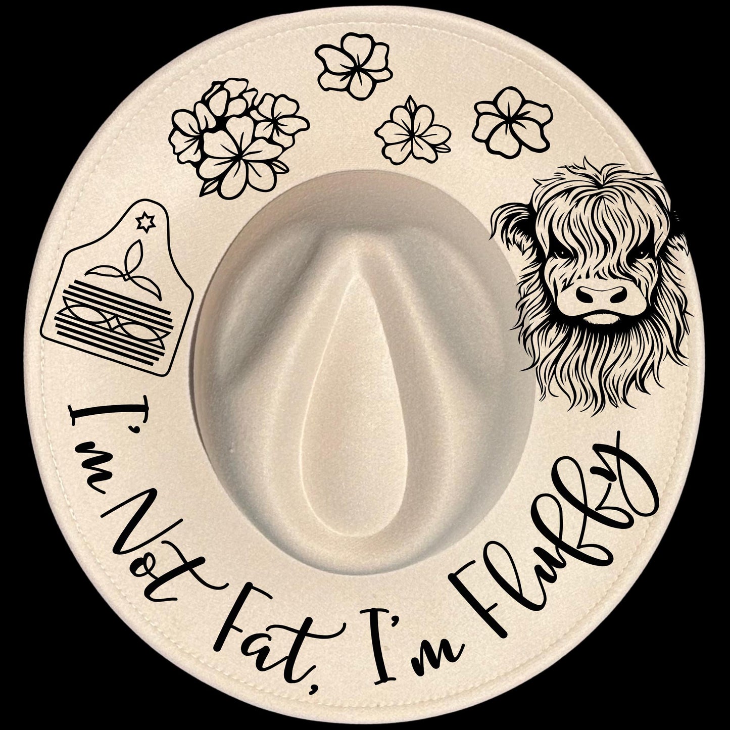 I’m Not Fat, I’m Fluffy burn hat burning design on a wide brim hat